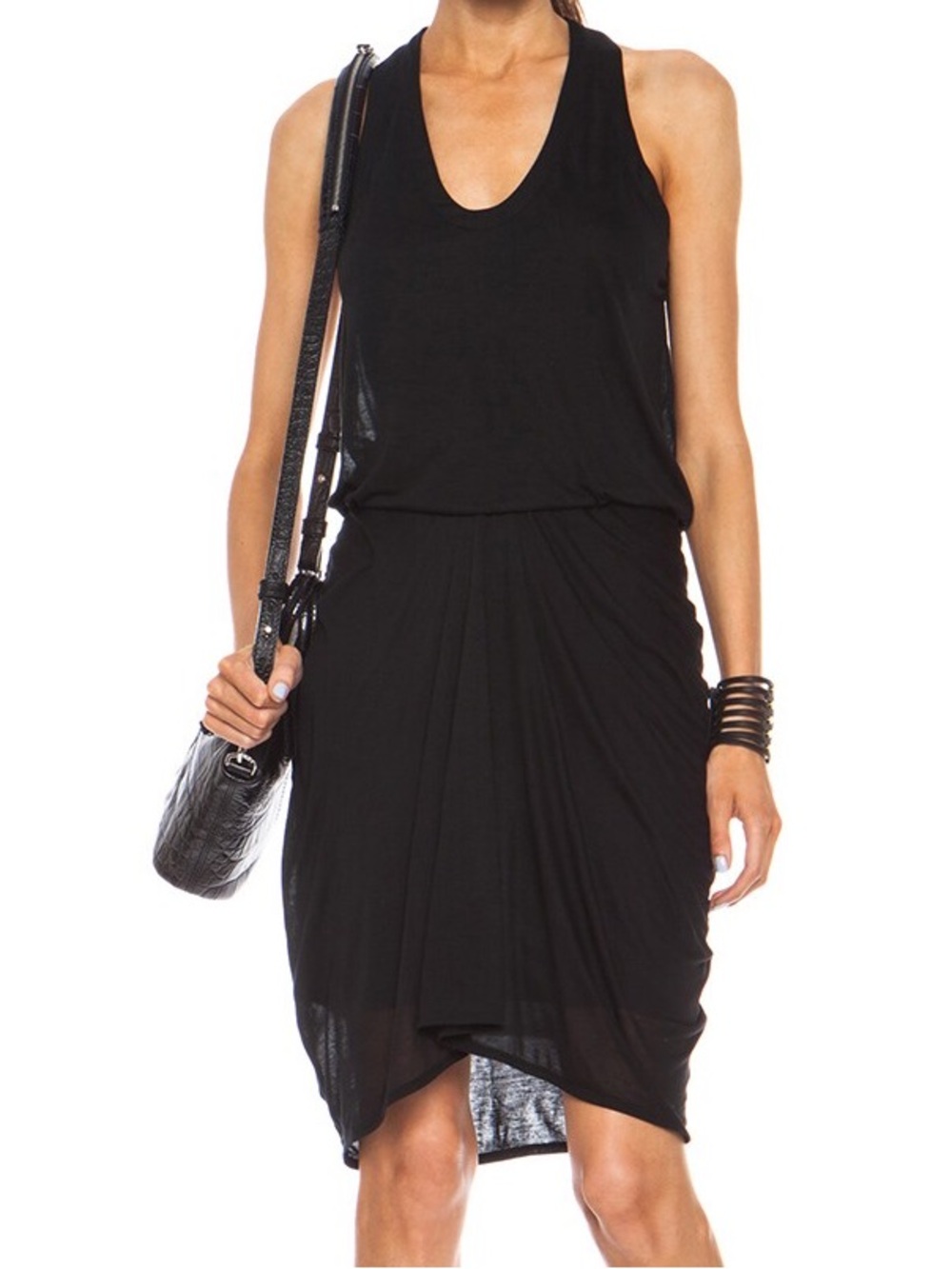 Helmut Lang black draped racerback jersey dress asymmetrical